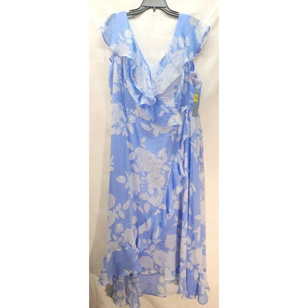 London Times Dress Womens Sz 6 Blue Vneck Midi Faux Wrap Floral Cap Sleeve